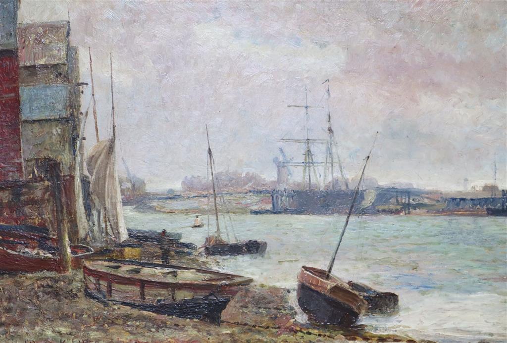 John Buxton Knight (1843-1908), Harbour entrance with figures and boats and companion piece, 32 x 47cm